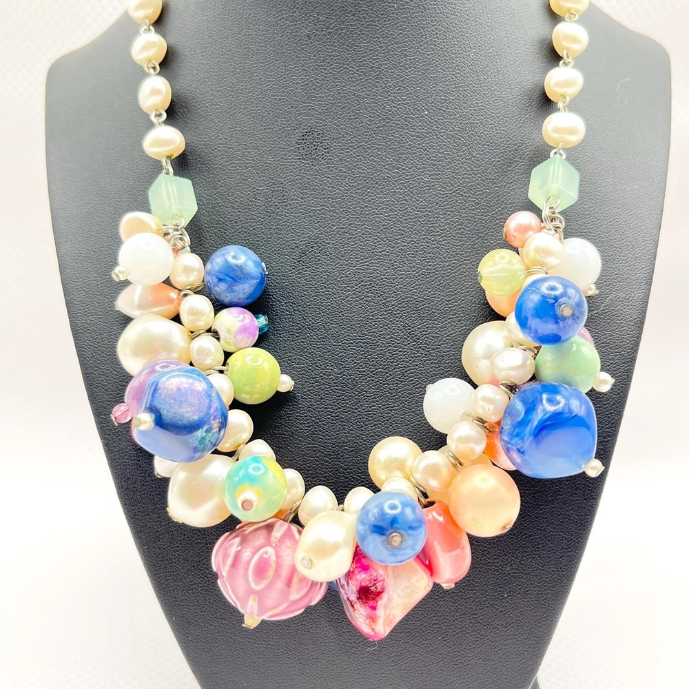 Vintage Chunky Tinted Faux Pearl and Ceramic Charm Fruit Salad Pastel Necklace